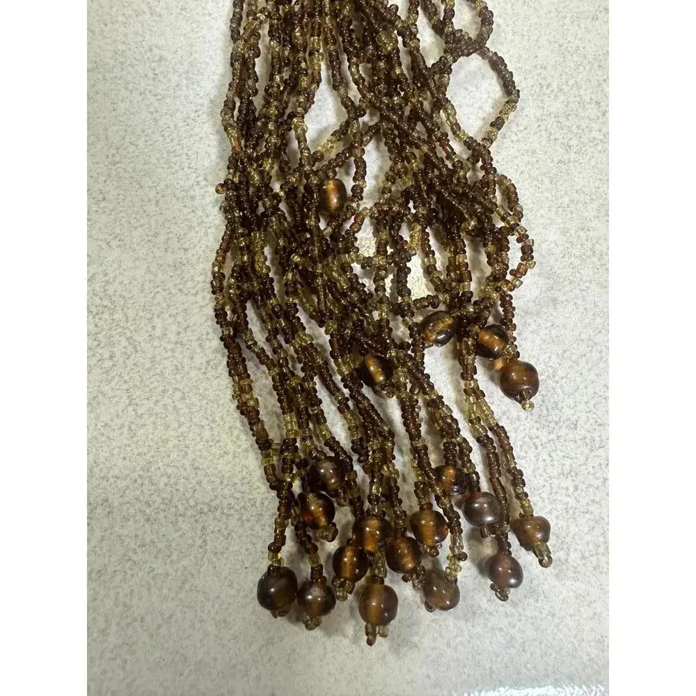 VTG 50” Multi Strand Brown Amber Glass Bead Tassel Necklace Boho